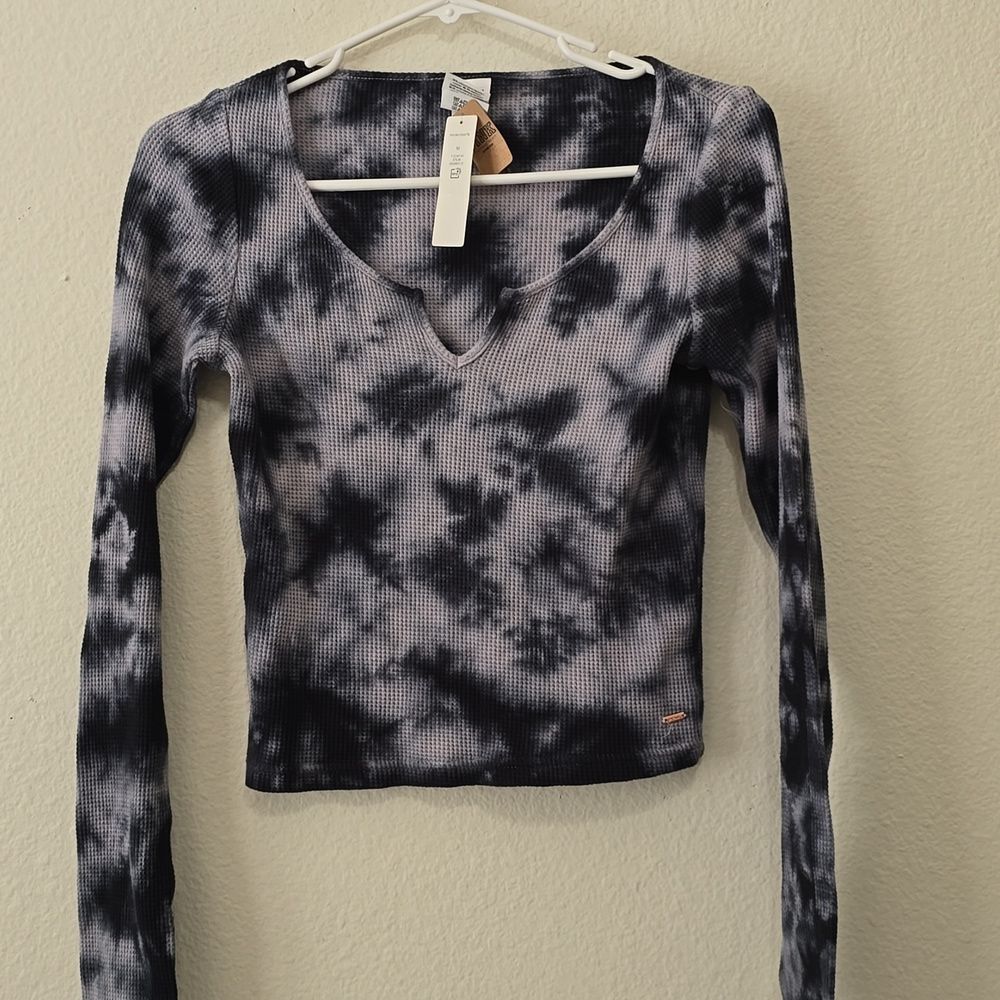 Pink Victoria’s Secret Black & Gray Tie Dye Waffle Shirt With Ruched Tie Sz M